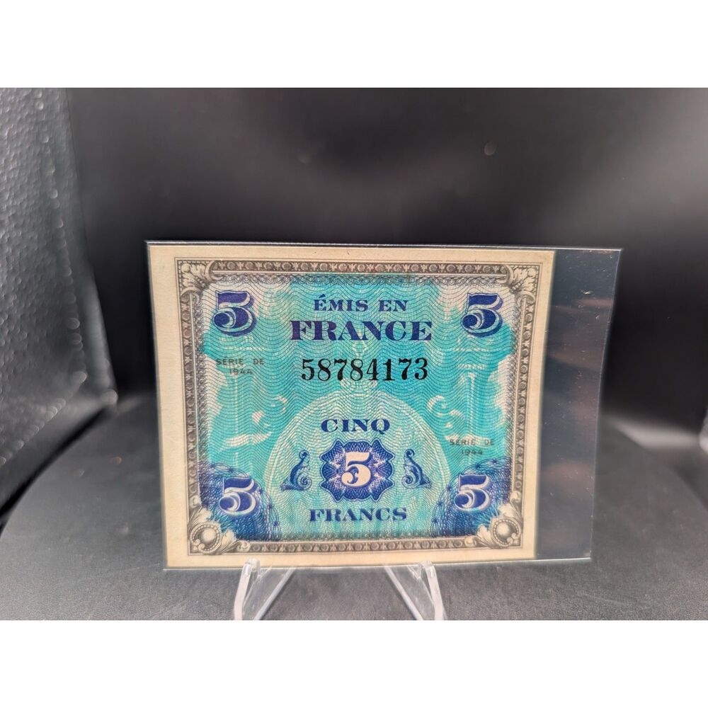 WWII 1944 France US Allied Military Currency 5 Francs Note Serial 587841373